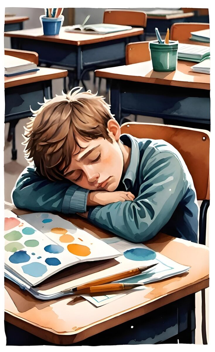 ai generated, boy, sleep, book, child, children, classroom, college, desk, exam, students, knowledge, learn, studying, sleeping, asleep, exhausted, homework, school, education, drawing