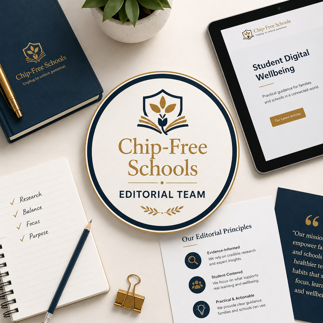 Chip-Free Schools Editorial Team identity with educational research and digital wellbeing elements